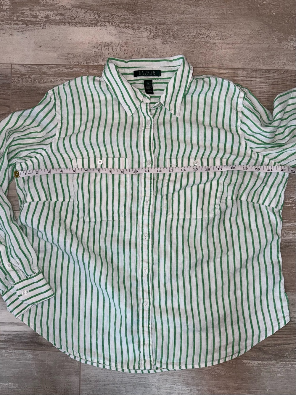 Lauren Ralph Lauren 100% Linen Green White Stripe Button Front Shirt Roll Tab 1X - Picture 7 of 9